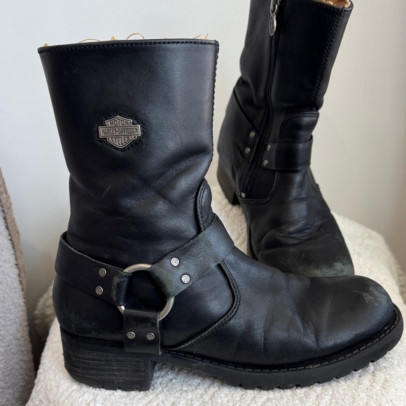 Harley-Davidson Women’s Black Leather Harness Moto Boots with Zip Sz 8.5 - Picture 2 of 10